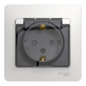 GLOSSA РОЗЕТКА с заземлением со шторками с крышкой, 16А, IP44, в сборе, БЕЛЫЙ