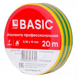 Изолента, класс А (профессиональная), 0.18х19мм, 20 метров, желто-зеленая EKF